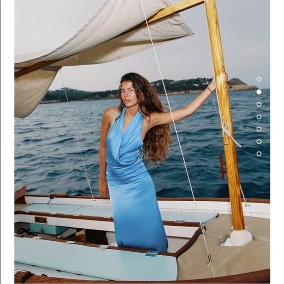 Zara satin effect halter dress backless open low back  formal light sky blue M - Picture 6 of 14